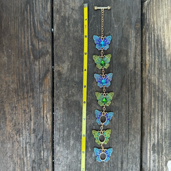 Green & Blue Sparkly Butterfly Gold Tone Rhinestone Crystal Adjustable Bracelet - Picture 9 of 12